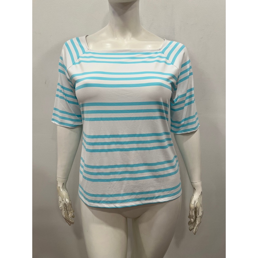 Talbots Blouse Top Womens XL White Blue Striped Boatneck Raglan Sleeve Top NWT